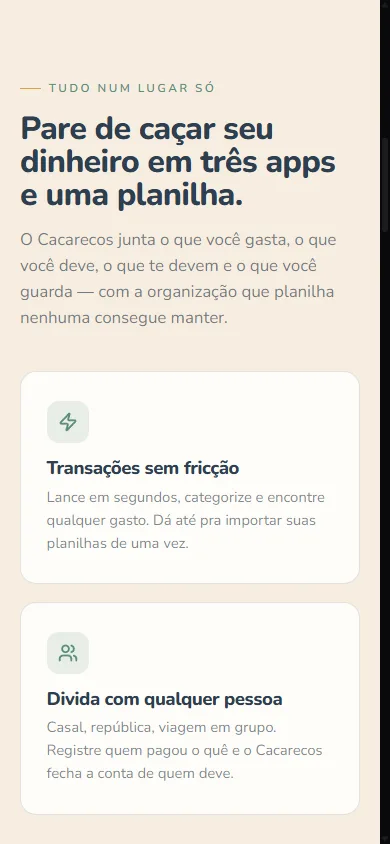 Recursos do Cacarecos: transações, cartões, caixinhas e investimentos