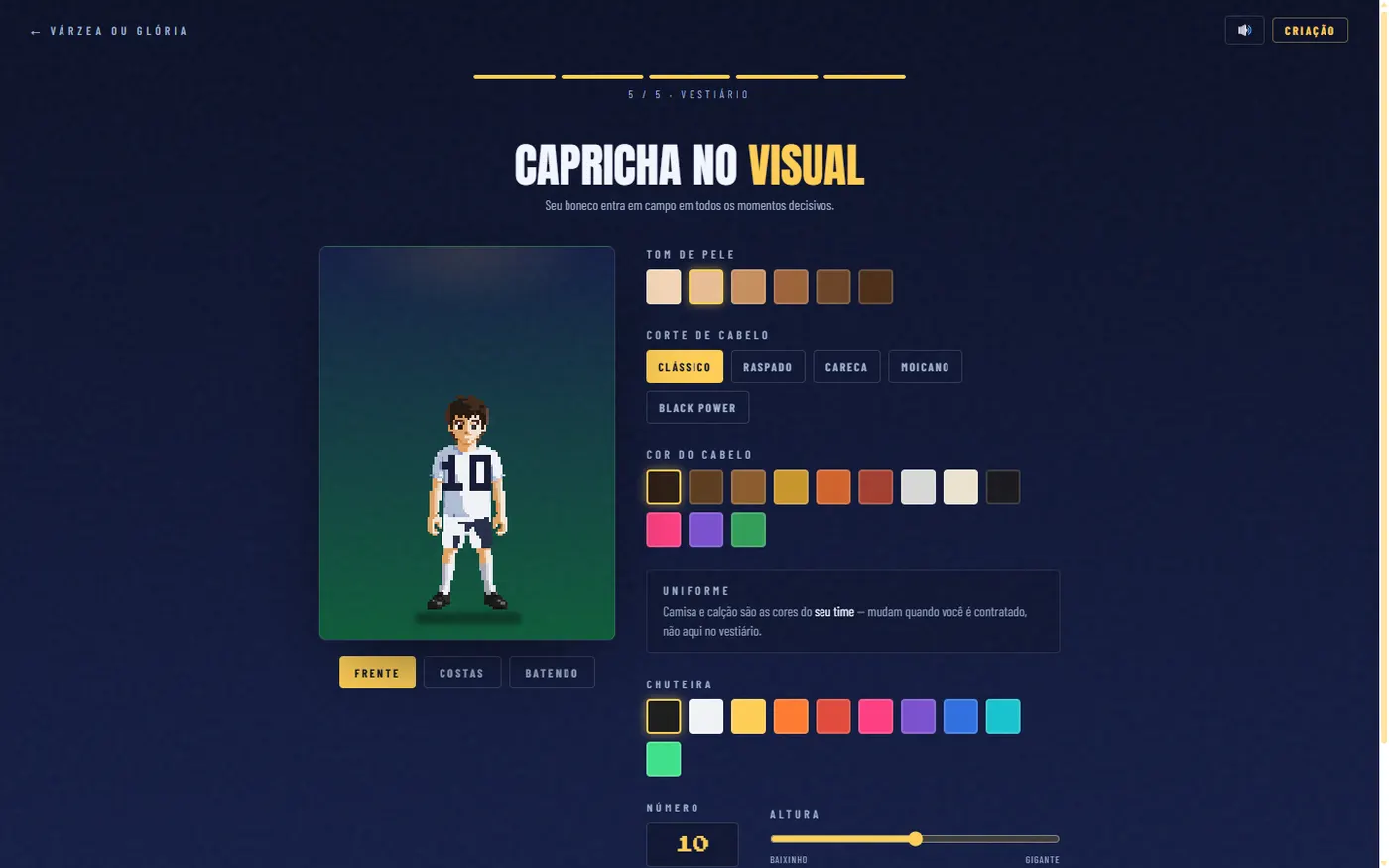 Vestiário do Várzea ou Glória, com customização do jogador